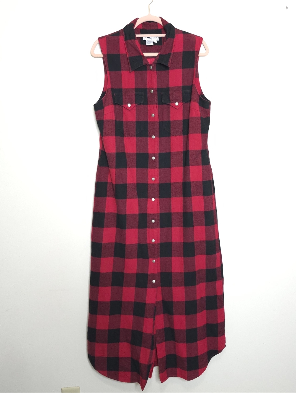 Vintage Newport News Buffalo Plaid Flannel Maxi Dress Size 14 Red Black Cotton